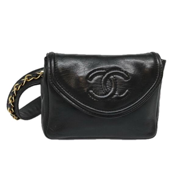 CHANEL Chain Waist Bag Lamb Skin Black Gold CC - Picture 1 of 16